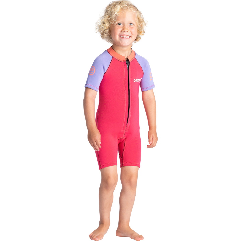 2025 C-Skins Junior C-KID 3/2mm Front Zip Shorty Våddragt C-BA32SH - Coral / Lilac